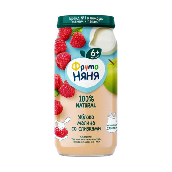 Пюре ФрутоНяня стекло 250г Яблоко малина сливки с сахаром