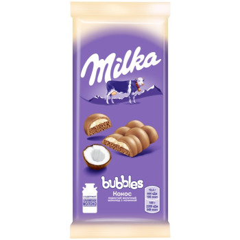 Шоколад молочный Milka Bubbles пористый c кокосовой начинкой, 92г