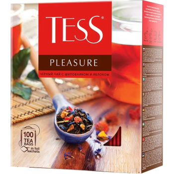 Чай черный байховый "Tess Pleasure" С шиповником, яблоком, лепестками цветов и ароматом тропических фруктов, в пакетиках для разовой заварки, 100 шт х 1,5 г, 150 г